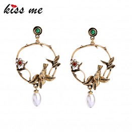 KISS ME Gold Color Birds Flowers Big Earrings for Women New Design Cute Fashion Jewelry Vintage Accessory