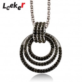 LEEKER Vintage Hollow Big Round Circle Pendant Long Necklace With Black Cubic Zirconia For Women Jewelry 92017 LK3