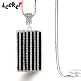LEEKER Vintage Style Solid Big Black Square Pendant Long Necklace With Cubic Zirconia Snake Chain Women Female Jewelry 92413 LK3