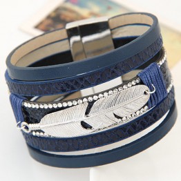 LEMOER Fashion Alloy Feather Leaves Wide Magnetic Leather bracelets & bangles Multilayer Bracelets Jewelry for Women Men Gift