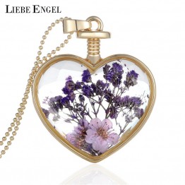 LIEBE ENGEL Collares Purple Dried Flowers Heart Crystal Glass Pendant Necklace Golden Necklace Best Friendship Fine Jewelry 2017