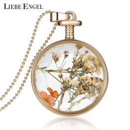 LIEBE ENGEL Women Jewelry Collares Dried Flowers Glass Necklace&Pendant Gold Vintage Long Chain Necklace Summer Fine Jewelry