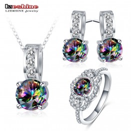 LZESHINE Fashion Wedding Jewelry Sets Silver Color Shining Rainbow Cubic Zirconia Pendant Ring Earrings Set For Women Aretes V55