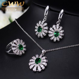 Lovely Flower CZ Stone And Green Crystal Necklace Earring Ring Set Fashion 925 Sterling Silver Jewelry For Women  T282