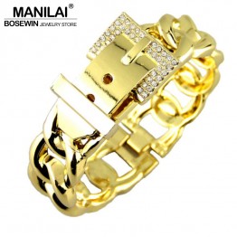 MANILAI Fashion Women Belt Design Bracelets Accessories Zinc Alloy Rhinestones Metal Charm Cuff Bangles Statement Jewelry 2017