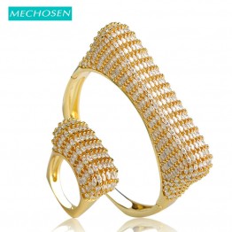 MECHOSEN Punk European Style Gold Color Big Bangle Ring Sets Cubic Zirconia Women Lady Pulseira Aneis Feminino Hand Jewelry Sets