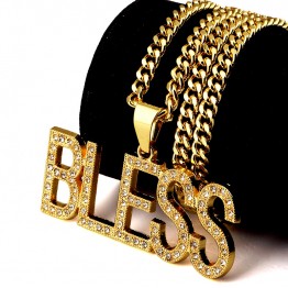 Mens Women  Golden Iced Out God Jesus BLESS Necklaces Charm Crystal Chains bling Pendants Hip Hop Rappers Jewelry Gifts