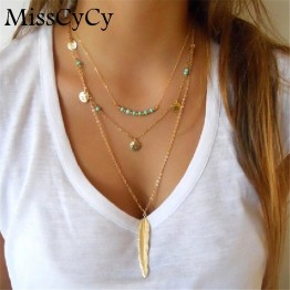 MissCyCy 2016 New Boho Simple Chain Gold Color Tassels Feather Pendant Multi Layer Necklace Fine Jewelry For Women