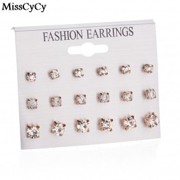 MissCyCy 9 Pairs/Set Mix Design Square Rhinestone Stud Earrings For Women AAA Cubic Zirconia Earrings Fashion Jewelry 2017 New