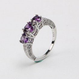 New Classic Noble Zircon Rings with Three Purple Stone Crystal Rhinestone Ring for Women Charm Wedding Bague Jewelry Accessories