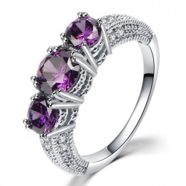 New Classic Noble Zircon Rings with Three Purple Stone Crystal Rhinestone Ring for Women Charm Wedding Bague Jewelry Accessories