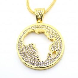 New Fashion Round Crystal Africa Map pendant Hip hop Necklace Jewelry Bling Bling Iced Out N624