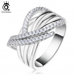 ORSA JEWELS 2017 Luxury Women Silver Color Ring with 48 Pieces AAA Cubic Zirconia Unique Cross Design Ring For Women OR82