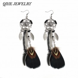 QIHE JEWELRY Black Feather Tribal Dream catcher Earrings Boho Hippie Style Native American Jewelry