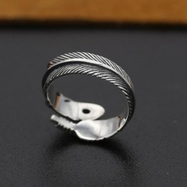 Real 925 Sterling Silver Feather Rings Handmade Vintage Red Garnet Natural Stone Jewerly Opening Size For Women And Men