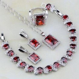 Square Shaped Red Garnet Zircon White Cubic Zirconia 925 Silver Jewelry Sets For Women Earrings/Pendant/Necklace/Bracelet/Ring