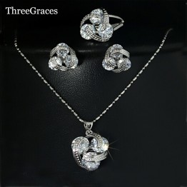 ThreeGraces New Fashion 925 Sterling Silver Jewelry Sets Cubic Zirconia Knot Earrings Necklace And Ring Set For Women JS124