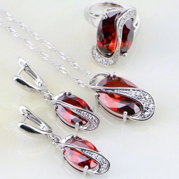Trendy Egg Shaped 925 Sterling Silver Jewelry Sets Red Garnet Zircon White CZ For Women Wedding Earring/Pendant/Necklace/Ring