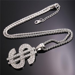 U7 US Dollar Money Necklace & Pendant 316L Stainless Steel/Gold Color Chain For Women/Men Rhinestone Hip Hop Bling Jewelry P1003