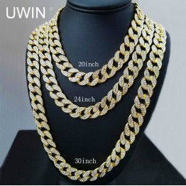 UWIN Iced Out Bling Rhinestone Crystal Goldgen Finish Miami Cuban Link Chain Men's Hip hop Necklace Jewelry 20, 24, 30 ,36 Inch 
