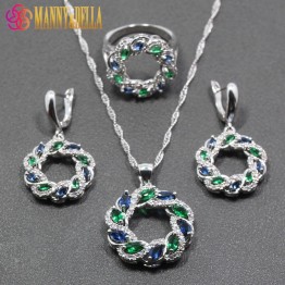 Unique Blue  Green Cubic Zirconia 925 Sterling Silver Women Jewelry Set Ring Size 6/7/8/9/10 Free Gift  Box T294