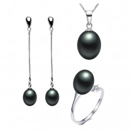 Veamor 925 Sterling Silver Jewelry Sets for Women Top Quality Black Pearl Natural Pendant Necklace Earrings Ring Fashion Jewelry