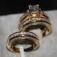 Vecalon Fashion 3-in-1 Women ring Princess cut 7mm AAAAA Zircon cz Yellow Gold 925 Sterling Silver wedding Band ring Set