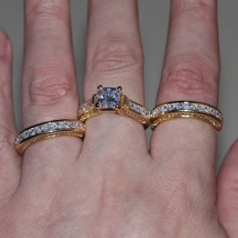 Vecalon Fashion 3-in-1 Women ring Princess cut 7mm AAAAA Zircon cz Yellow Gold 925 Sterling Silver wedding Band ring Set