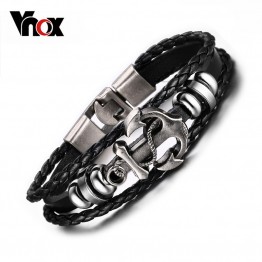 Vnox Vintage Anchor Bracelet Black Leather Charm Bracelets Men Jewelry Party Gift