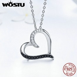 WOSTU 100% Real 925 Sterling Silver Romantic Heart & Love Pendant Necklaces For Women Fashion Jewelry Fine Gift FIN088