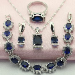 WPAITKY Trendy Blue Created Shappire 925 Sterling Silver Jewelry Set For Women Necklace Earrings Bracelet Ring Free Jewellry Box