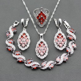 Wedding Bridal 925 Sterling Silver Red Garnet Women 4PCS Jewelry Sets Ring Size 6/7/8/9/10 Free Gift Box JS240