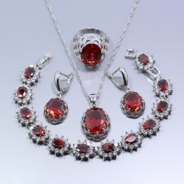 Wedding Jewelry Set 925 Sterling Silver Flower Red Garnet White Crystal Women Earrings Ring Necklace Pendant Bracelet Z13