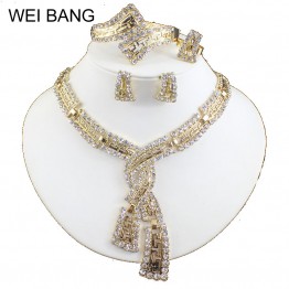 Weibang Wholesale Charm Gold Color Jewelry Sets Women African Pendant Necklace Earrings Bracelet Rings Dress Accessories 
