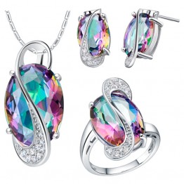 Womens Fashion Ring Necklace and Earrings Set Rainbow Austrian Crystal Jewelry Sets Bridal wedding Accessories Ethiopian Jewelry