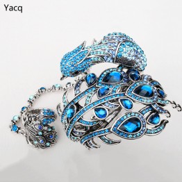 YACQ Peacock Bangle Bracelet Slave Hand Chain Attached Ring Sets Women Jewelry Gifts A23 Silver Color Dropshipping Wholesale