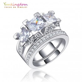 Yunkingdom Luxury party rings sets 2pcs clear crystal white gold color rings for women ladies