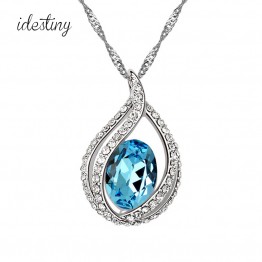 blue rhinestone pendant necklace made with Austrian crystal high quality water drop shape jewelry for women white gold color 