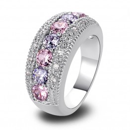 lingmei Exquisite Women Jewelry Round Pink & White CZ   Silver Color Band Ring Size 6 7 8 9 10 11 12 13 Wholesale Free Ship